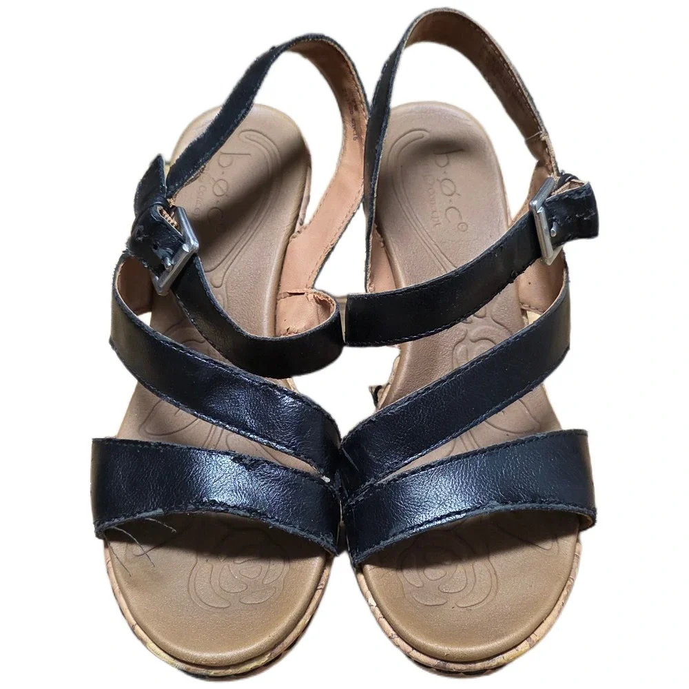 Boc Born Concept Schirra Wedge‎ Sandals Women's Size 7 M Black Leather Cork
